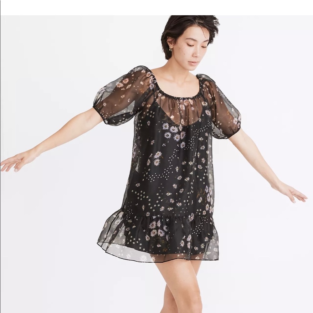 Madewell silk organza puff sleeve ruffle hem dress